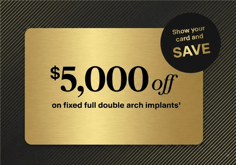 Promotional graphic offering $5,000 off fixed full double arch dental implants when showing a qualifying insurance card.
